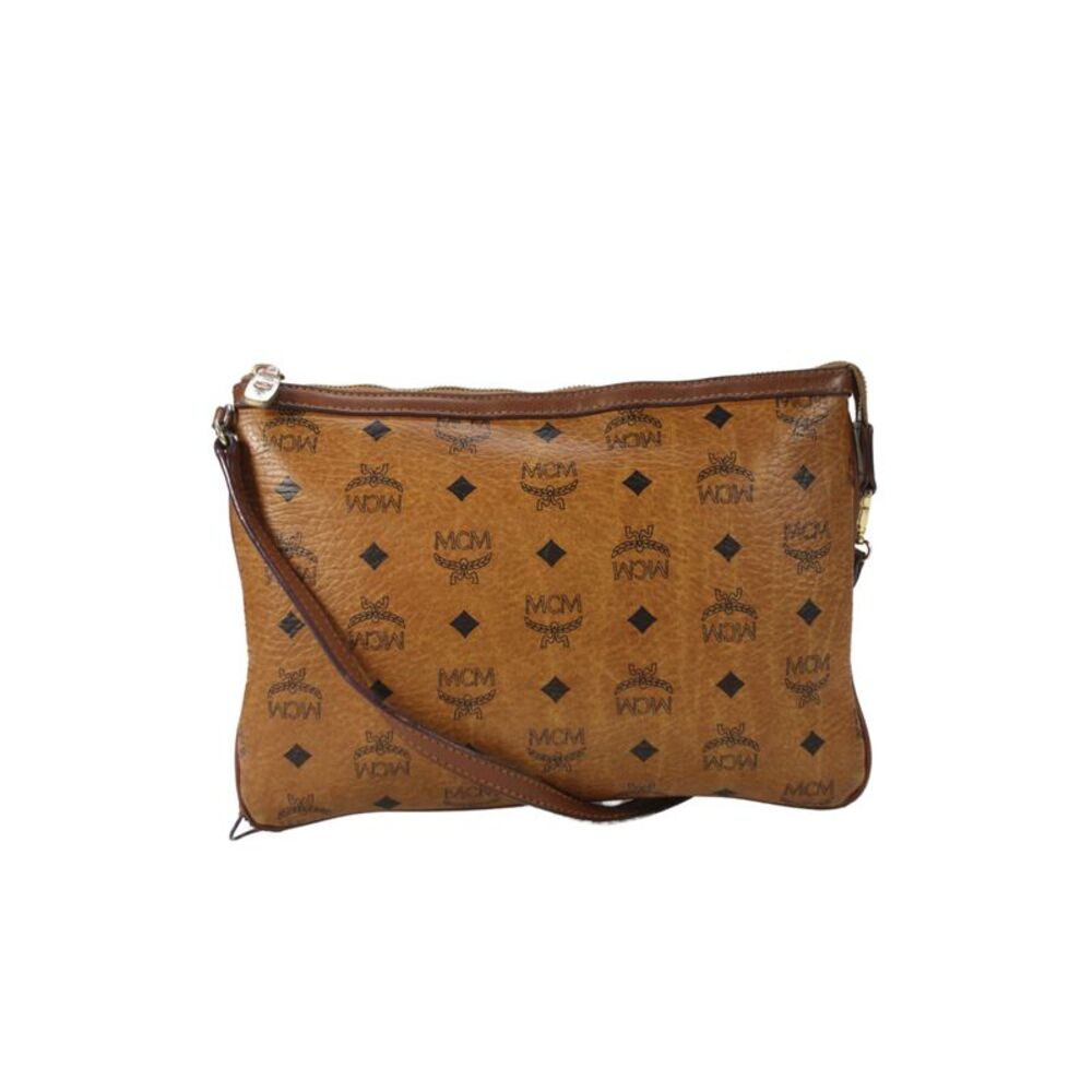 MCM Wonmens Leather Monogram Print Satchel Shoulder Handbag Brown